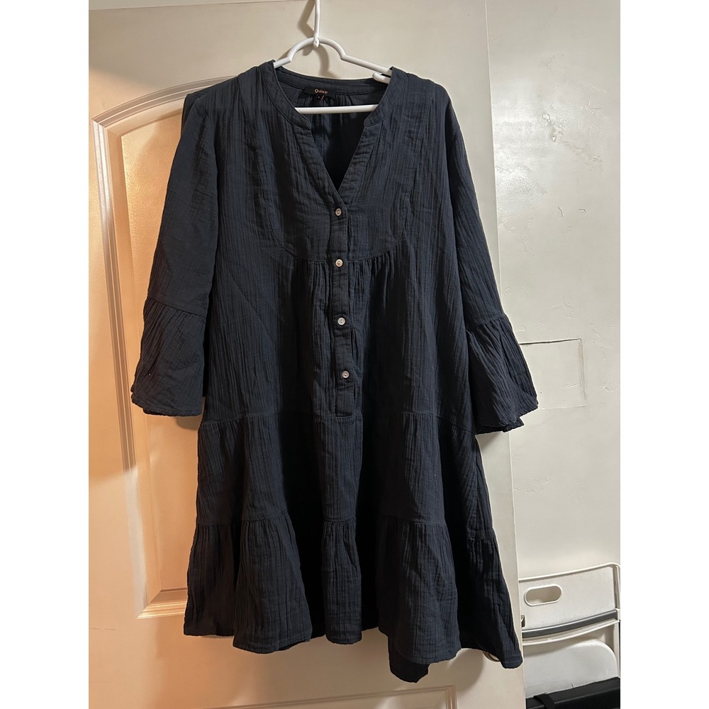Quince Organic Cotton Gauze Long Sleeve Tiered Mini Dress Indigo Blue L